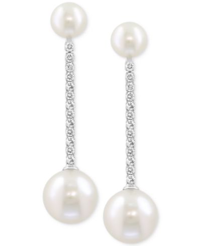 Серьги EFFY® Cultured Freshwater Pearl (5-8mm) & Diamond (1/4 ct. t.w.) Linear Drop в 14k White Gold