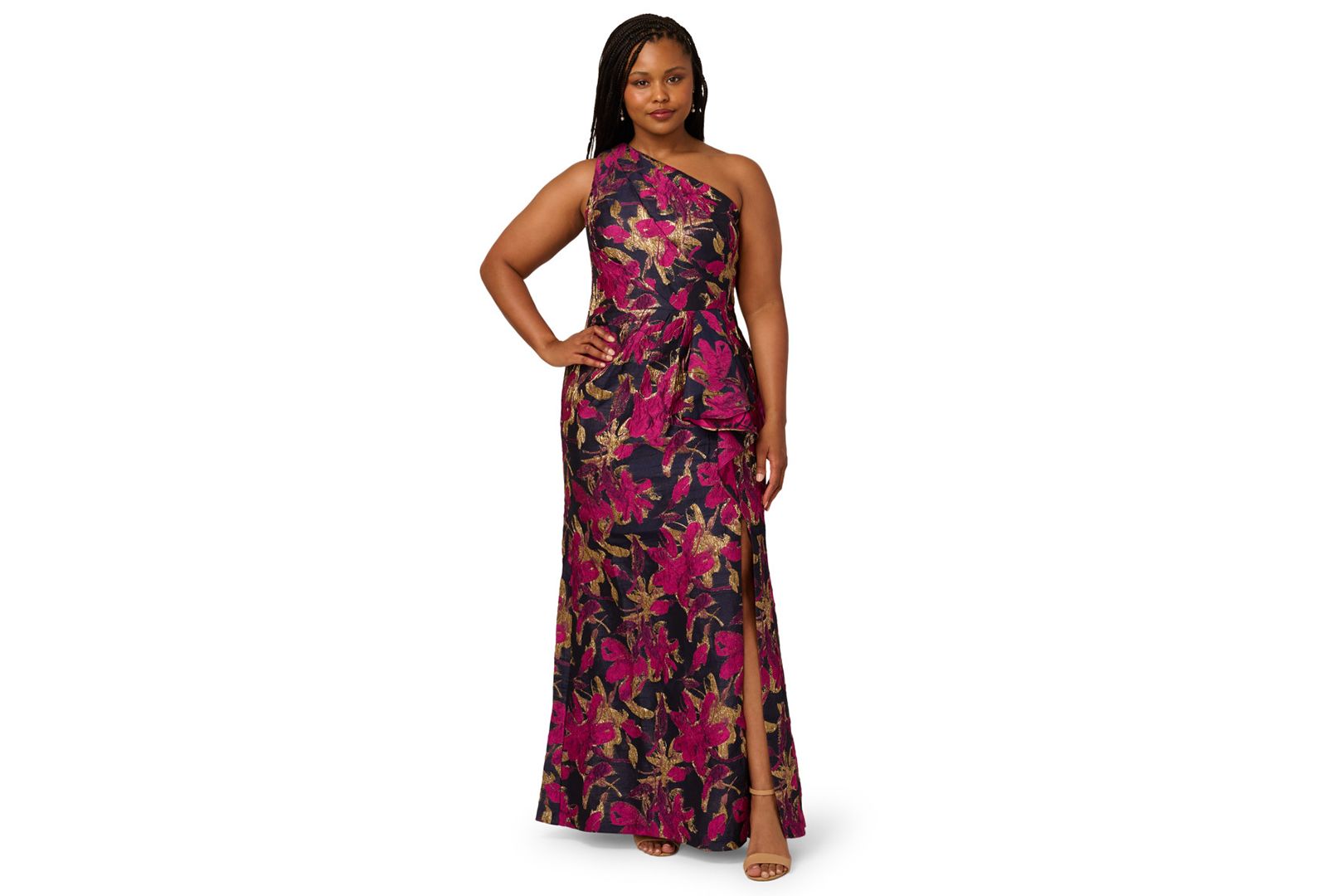 Женское платье Adrianna Papell Plus Size Metallic Jacquard One-Shoulder Long
