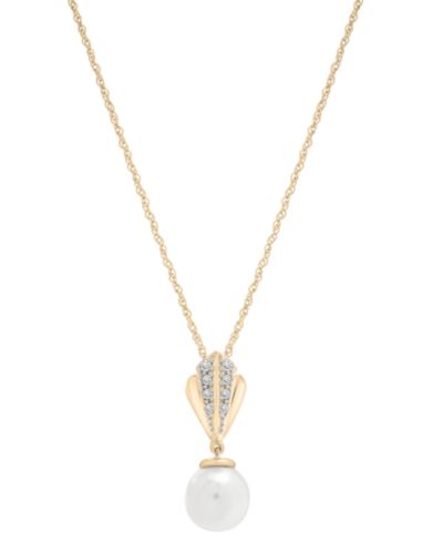 Cultured Freshwater Pearl (7mm) & Diamond (1/20 ct. t.w.) 18" Pendant Necklace in 10k Gold
