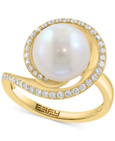 Кольцо-заявление EFFY® Cultured Freshwater Pearl (10mm) & Diamond (1/4 ct. t.w.) Swirl в 14k Yellow Gold