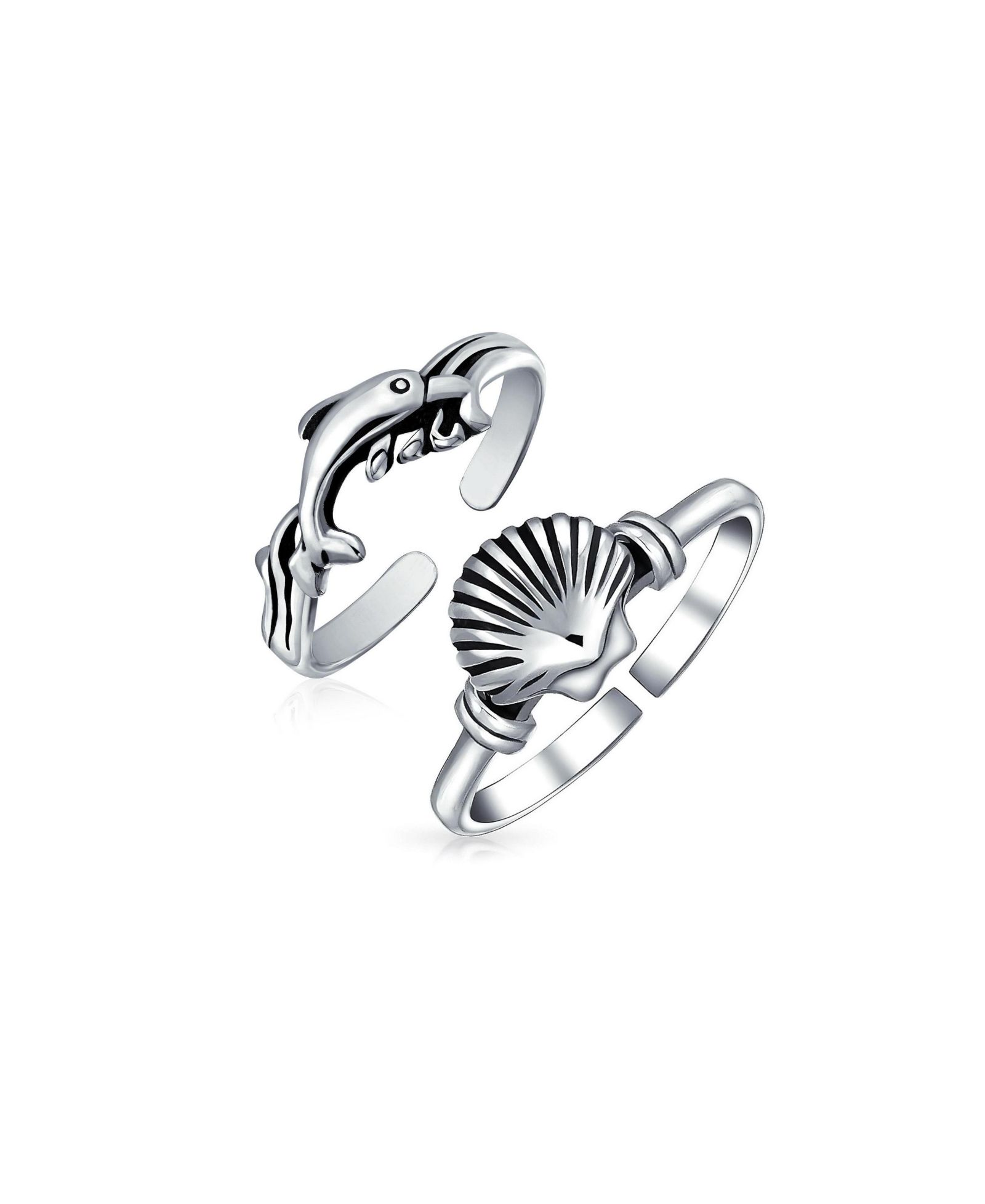 Bling Jewelry Dolphin and Clam Shell Toe Ring Adjustable .925 Sterling Silver (Set Of 2)