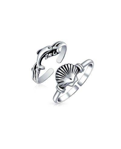 Bling Jewelry Dolphin and Clam Shell Toe Ring Adjustable .925 Sterling Silver (Set Of 2)