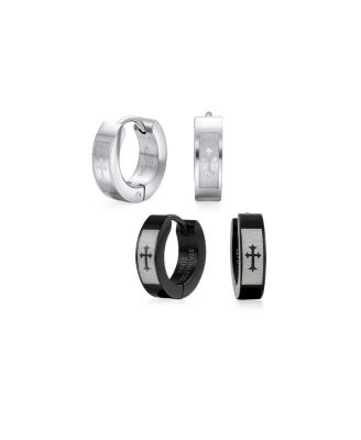 Bling Jewelry Fleur De Lis Cross Huggie Mini Hoop Earrings Black Stainless Steel (2 Set)
