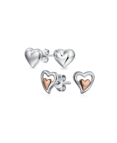 Bling Jewelry Open Heart Puffed Stud Earrings Rose Gold Plated Sterling Silver (2 Set)