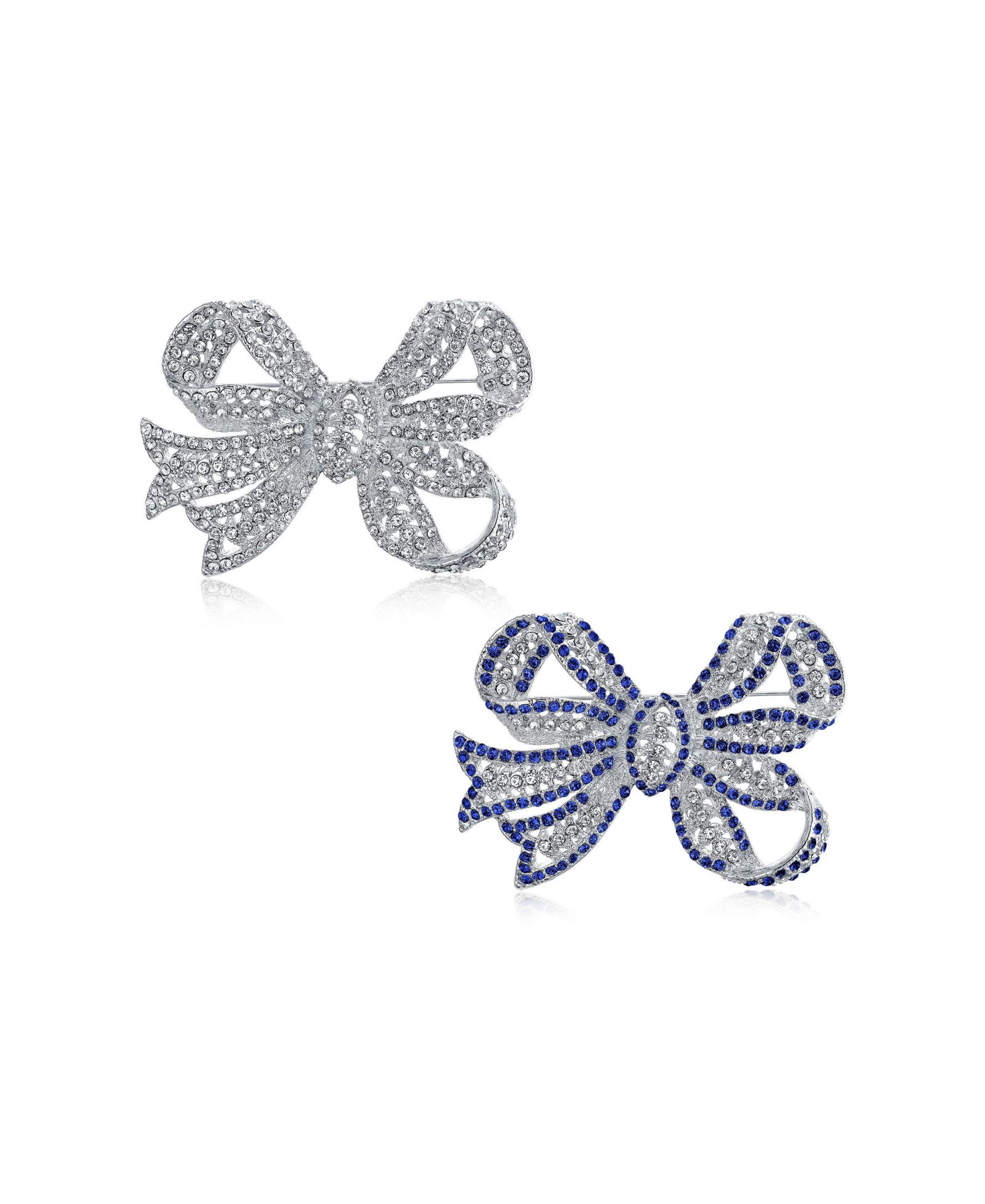 Bling Jewelry Victorian Style Statement Blue Crystal Bow Brooch Pin Silver Plated Set-2