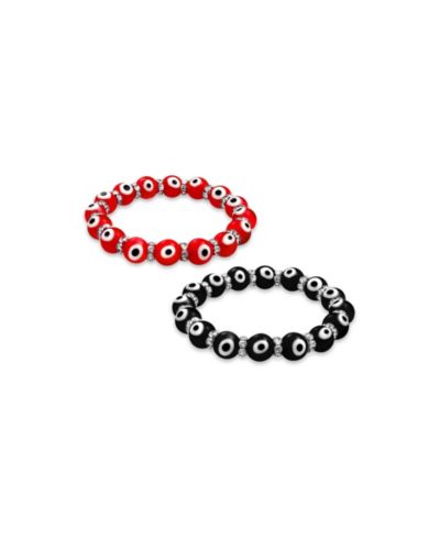 Bling Jewelry Good Luck Red and Black Evil Eye Bead Stretch Bracelets Crystal Spacers Set-2