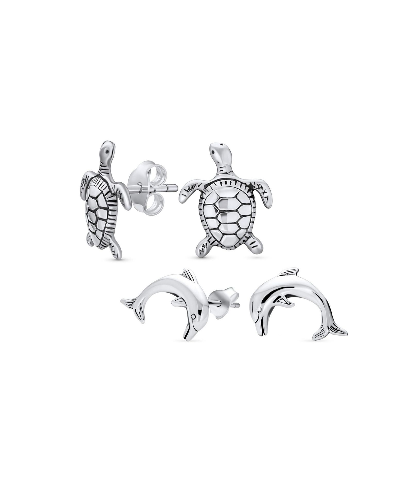 Bling Jewelry Hawaiian Sea Tortoise Turtle Dolphins Stud Earrings Sterling Silver (2 Set)