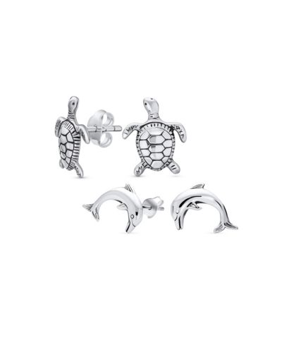 Серьги-гвоздики Bling Jewelry Hawaiian Sea Tortoise Turtle Dolphins, серебро Sterling Silver