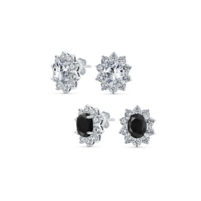 Bling Jewelry комплект из 2 пар серебристых серьг-гвоздиков с овальным красным фианитом в винтажном стиле с ореолом