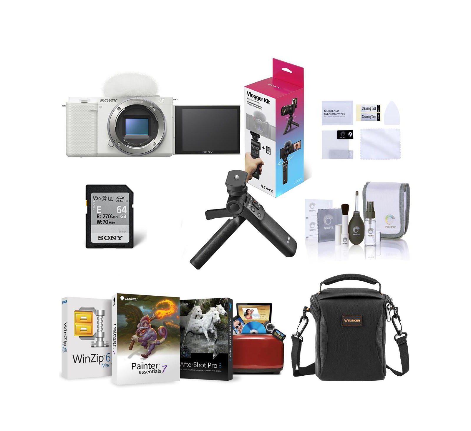 Sony ZV-E10 Mirrorless Camera, White w/GP-VPT3 Shooting Grip, Mac Software