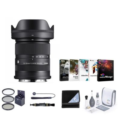 Sigma 18-50mm f/2.8 DC DN Contemporary Lens for Sony E Bundle with 55mm Filter Kit, Lens Cleaner, ProOPTIC Wrap, Cap Tether, Software Kit, Cleaning