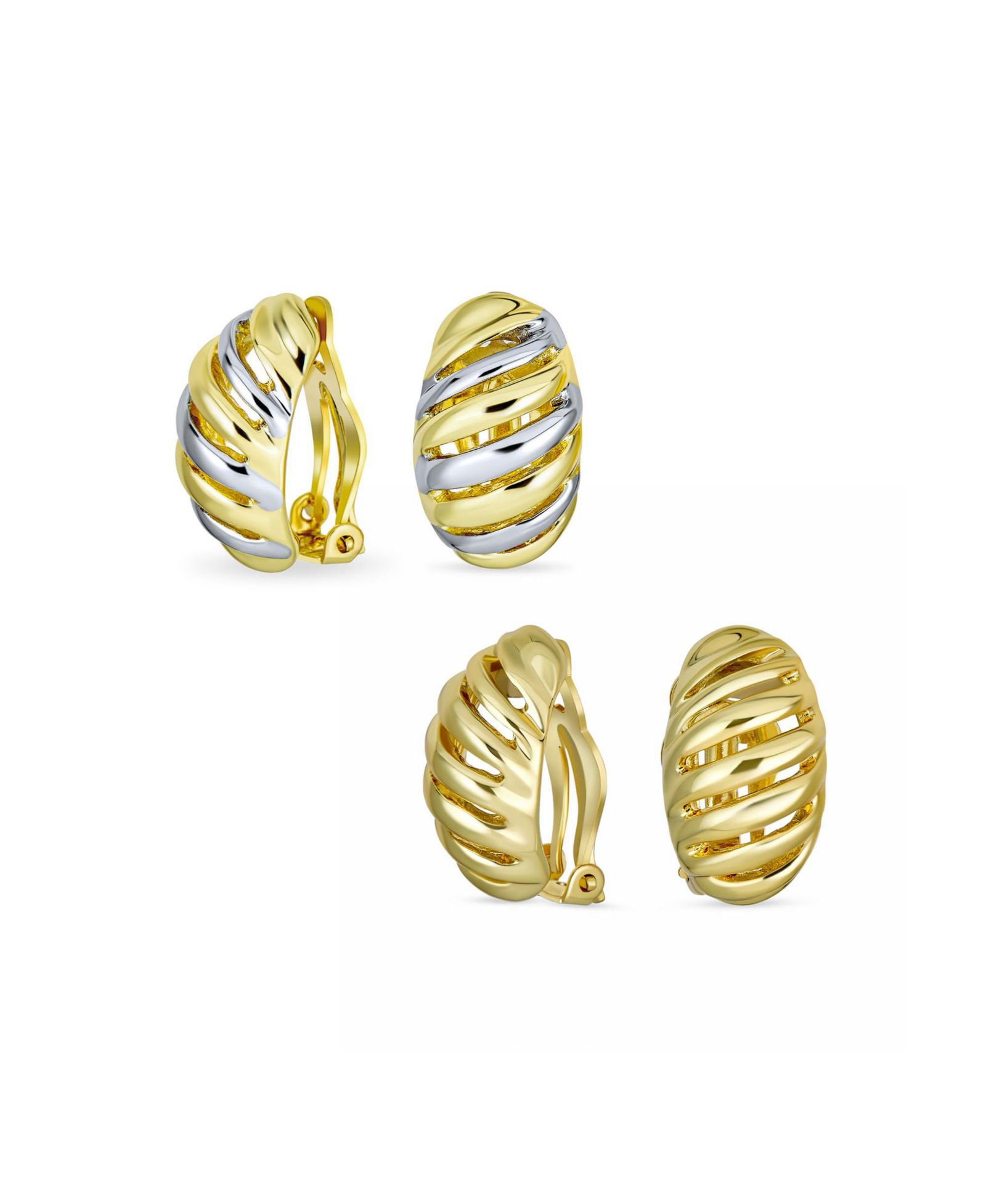 Серьги-клипсы Bling Jewelry Shrimp Style 2-Tone Twist Stripe Silver Gold Plated 2 Set