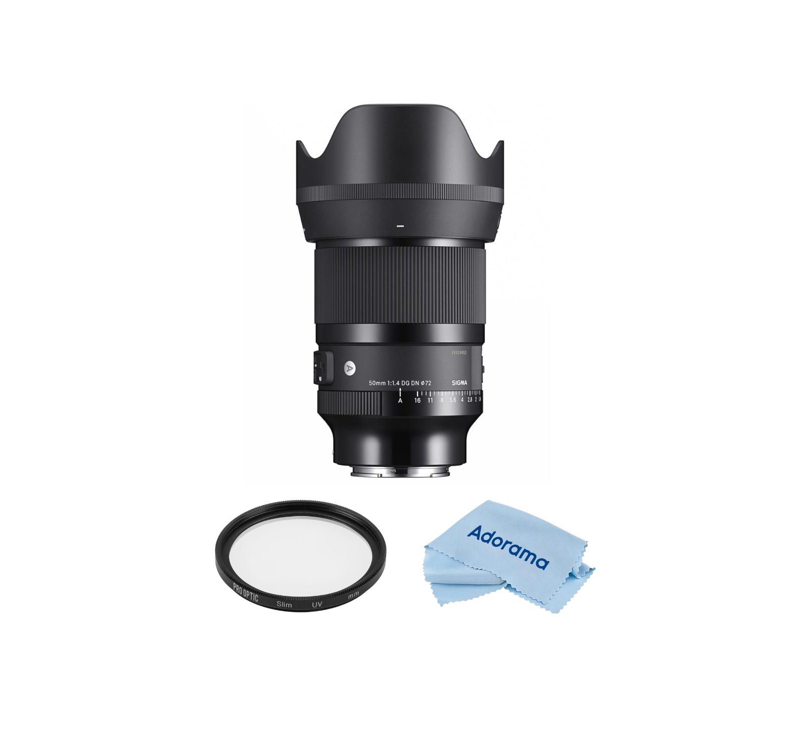 Объектив Sigma 50mm f/1.4 DG DN Art для Sony E, комплект с 72mm Multi Coated UV фильтром и салфеткой из микрофибры