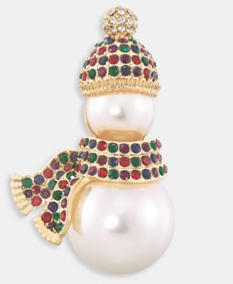 Gold-Tone Imitation Pearl Snowman Multicolor Crystal Pin