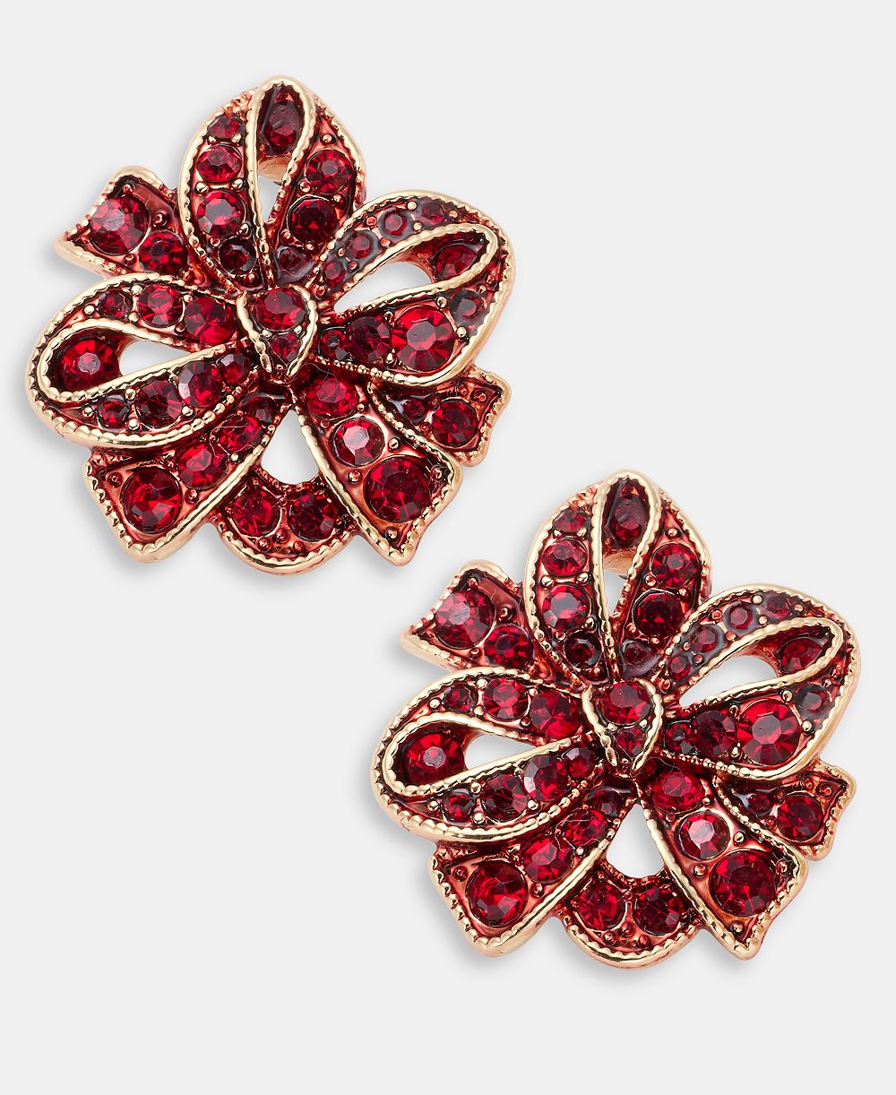 Gold-Tone Red Bow Button Earrings