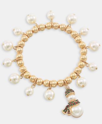 Holiday Lane Gold-Tone Snowman Imitation Pearl Beaded Stretch Bracelet