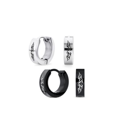 Bling Jewelry Angel Wings Mini Hoop Huggie Earrings Black Silver Stainless Steel (2 Set)