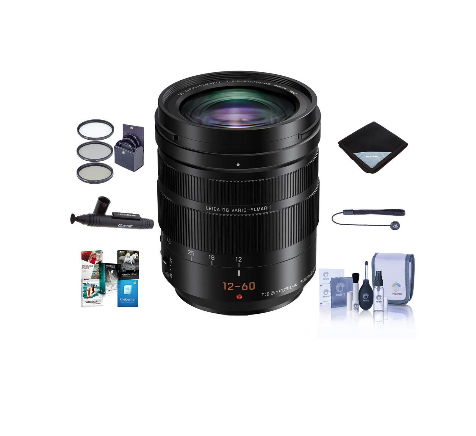 Panasonic LUMIX Professional 12-60mm Camera Lens, Leica DG Vario-ELMARIT, F2.8-4.0 ASPH, Power O.I.S, Mirrorless Micro Four Thirds (H-ES12060) Bundle
