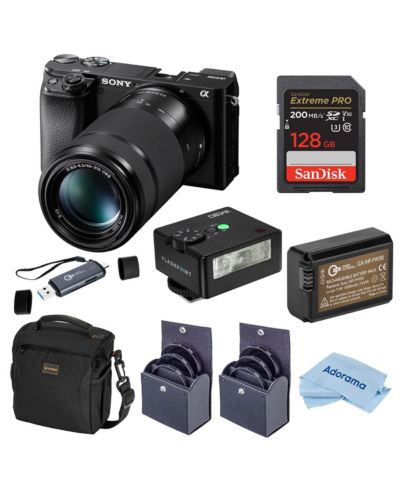 Беззеркальная камера Sony Alpha a6100 с объективами 16-50mm и 55-210mm, комплект с мини-вспышкой iM30, картой памяти 128GB SDXC и аккумулятором NP-FW50