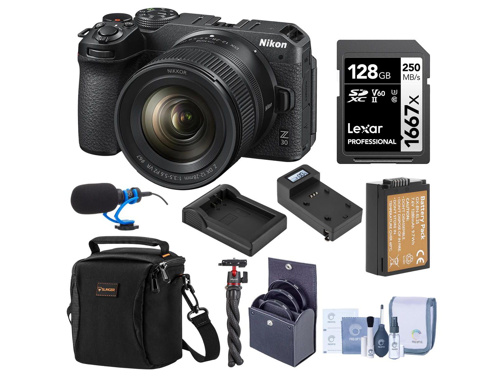 Nikon Z 30 Mirrorless Camera with NIKKOR Z DX 12-28mm f/3.5-5.6 PZ VR Lens, Bundle with 128GB SD Card, Shoulder Bag, Microphone, Tripod, Extra