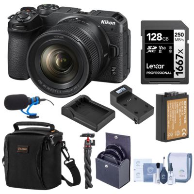 Зеркальная камера Nikon Z 30 с объективом NIKKOR Z DX 12-28mm f/3.5-5.6 PZ VR, комплект с SD картой 128GB, сумкой, микрофоном и штативом
