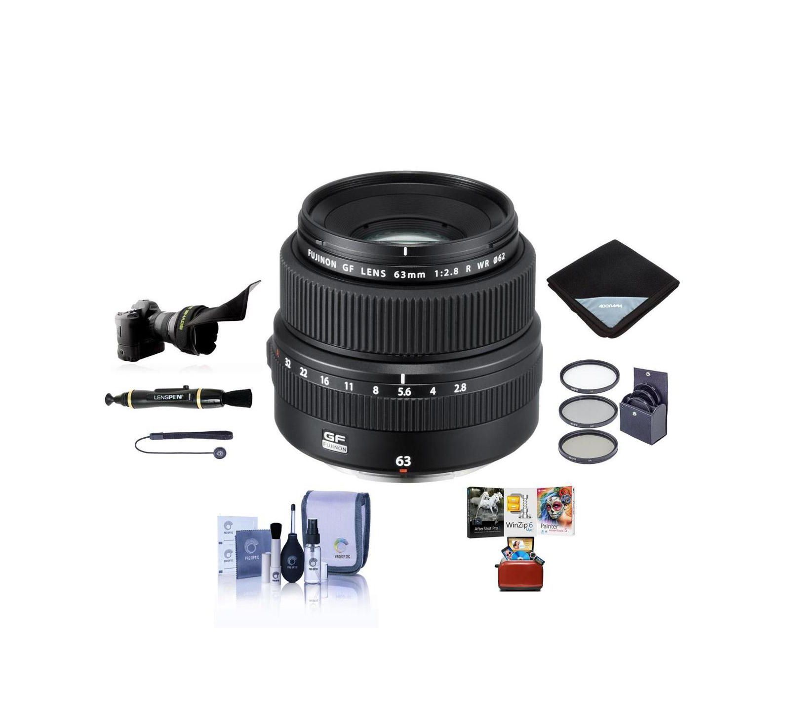 Fujifilm GF 63mm f/2.8 R WR Lens, Bundle with ProOptic 62mm Filter Kit, Cleaning Kit, Lens Cap Tether, Flex Lens Shade, Lens Wrap, LensPen Cleaner