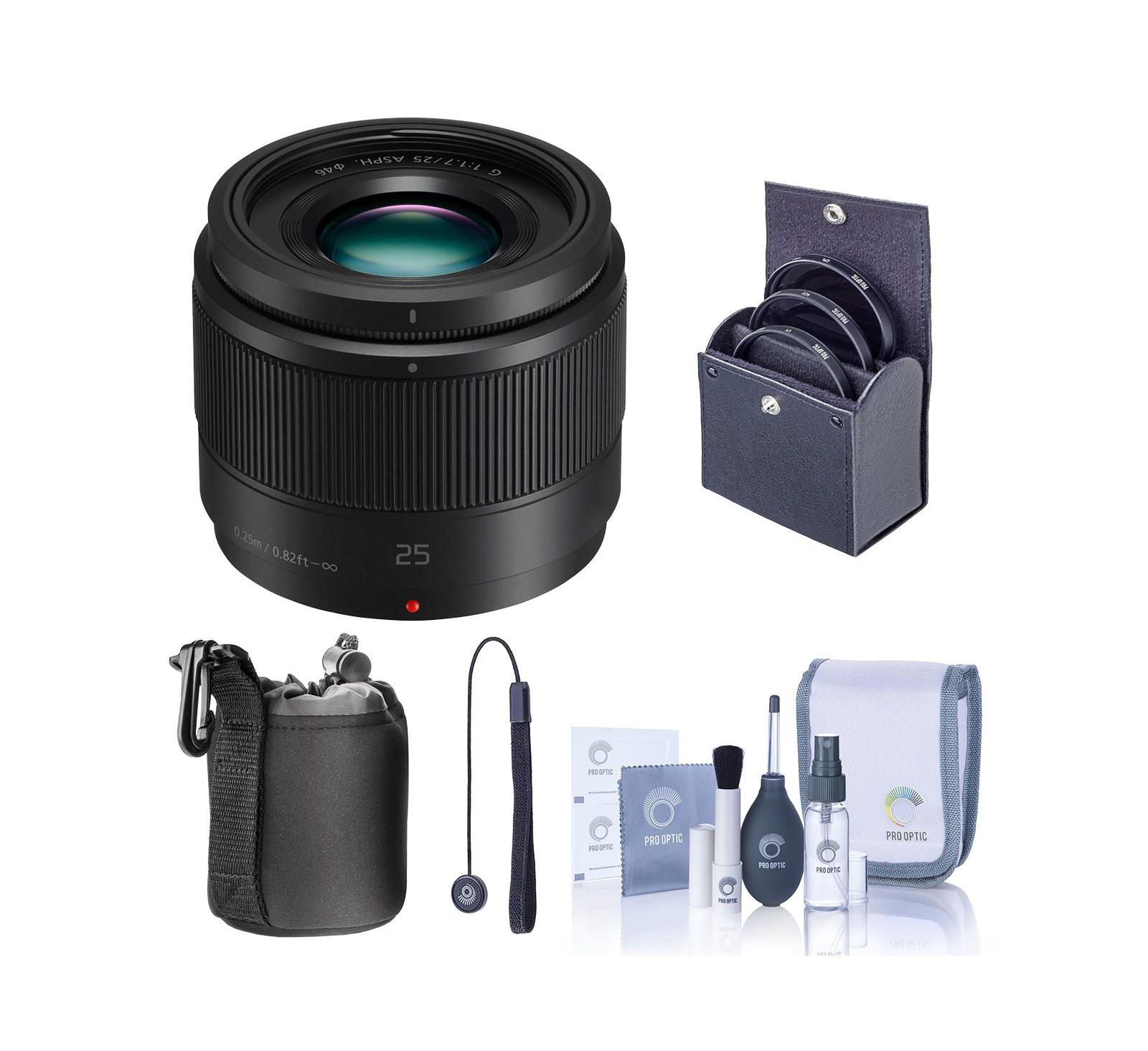 Panasonic Lumix G асферический объектив 25 мм f/1.7 для Micro Four Thirds, комплект с фильтром 46 мм, набором для чистки, чехлом для объектива и страховочным тросом