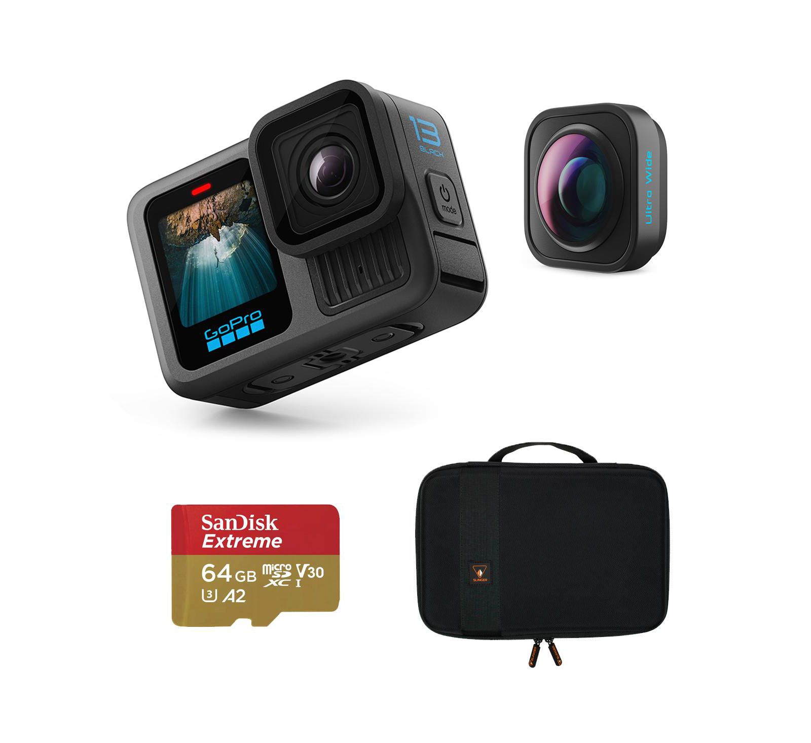 GoPro HERO13 Black, w/Ultra-Wide POV Lens Mod, 64GB Memory Card, EVA Case