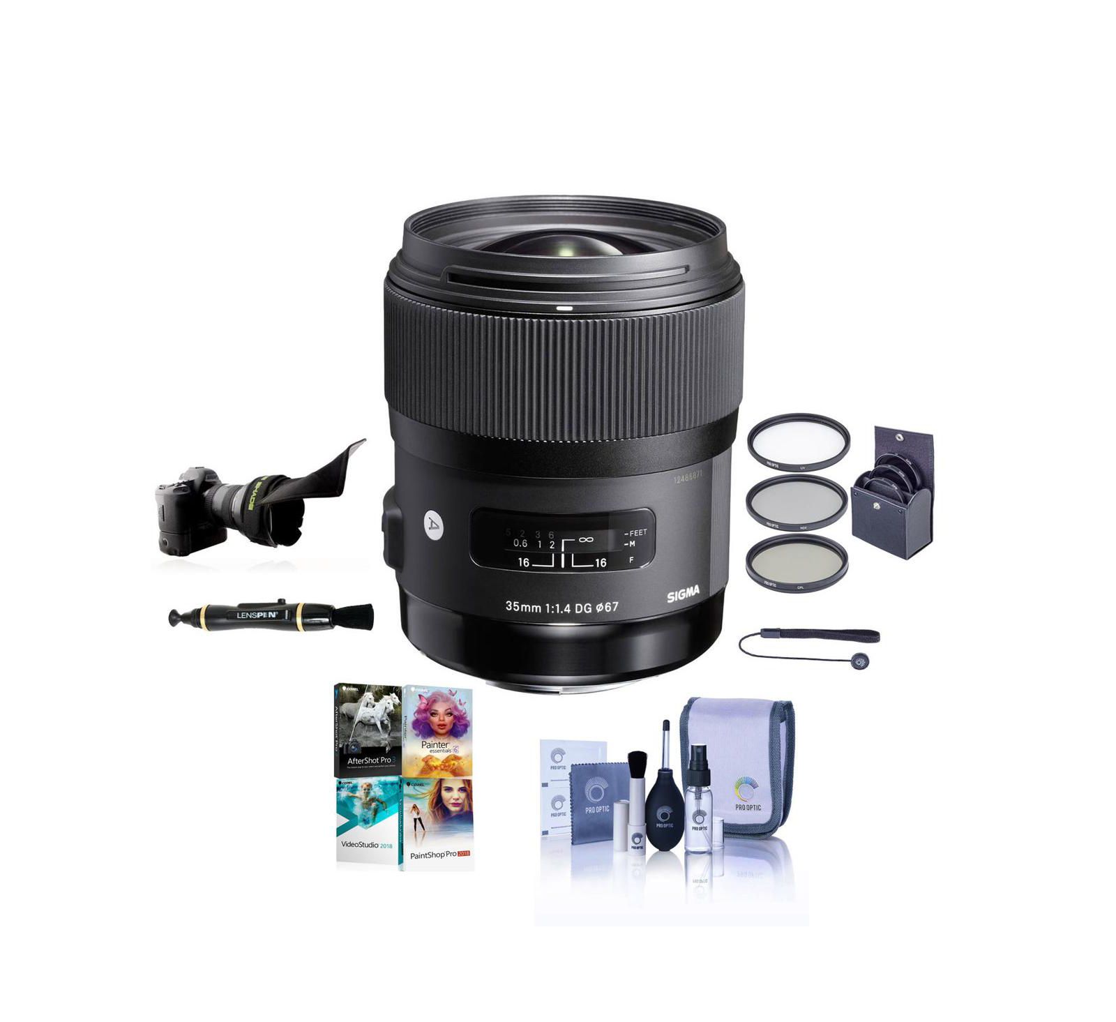 Объектив Sigma 35mm f/1.4 DG HSM ART для Nikon F, комплект с набором фильтров 67mm, блендой Flex Lens Shade, набором для чистки, очистителем, шнурком для колпачка и набором ПО PC
