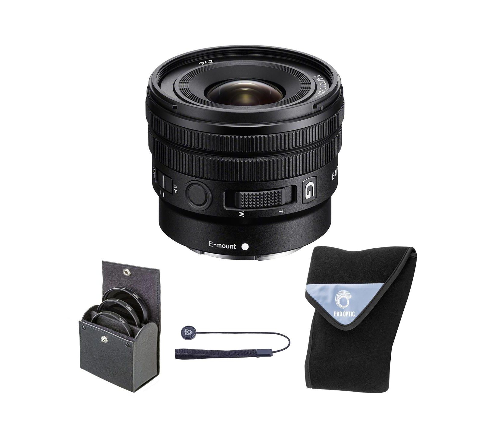 Sony E PZ 10-20mm f/4 G Lens, Bundle w/62mm Filter Kit  15x15" Lens Wrap