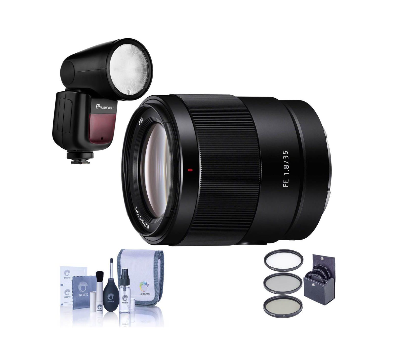 Sony FE 35mm f/1.8 объектив для Sony E, комплект с фотовспышкой Flashpoint Zoom Li-on X R2 TTL, набором фильтров 55mm и набором для чистки