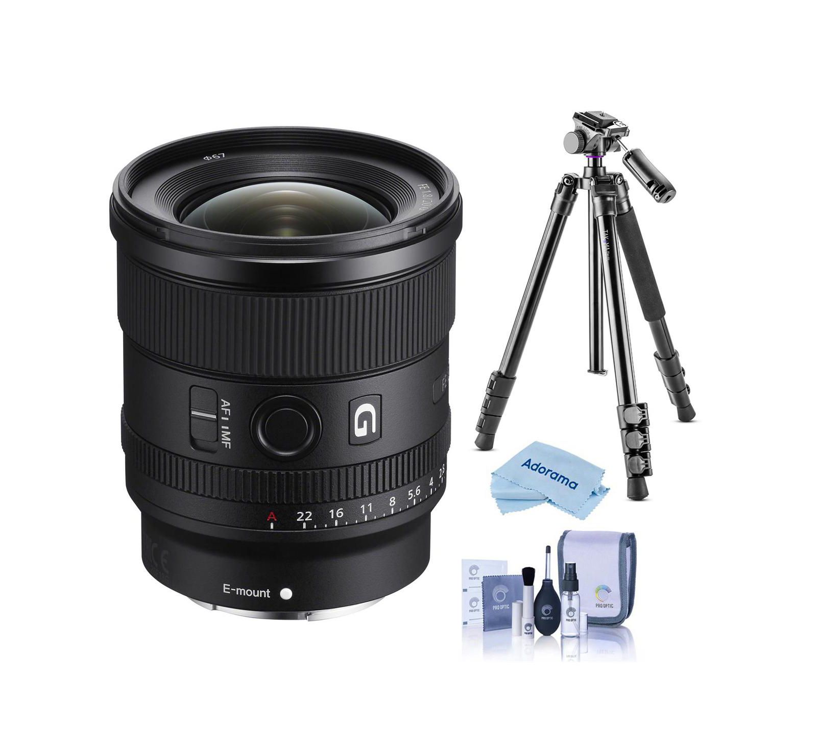 Объектив Sony FE 20mm f/1.8 G для Sony E, комплект с алюминиевым видеоштативом Takama 3-Section с жидкостной головкой, набором для чистки и салфеткой