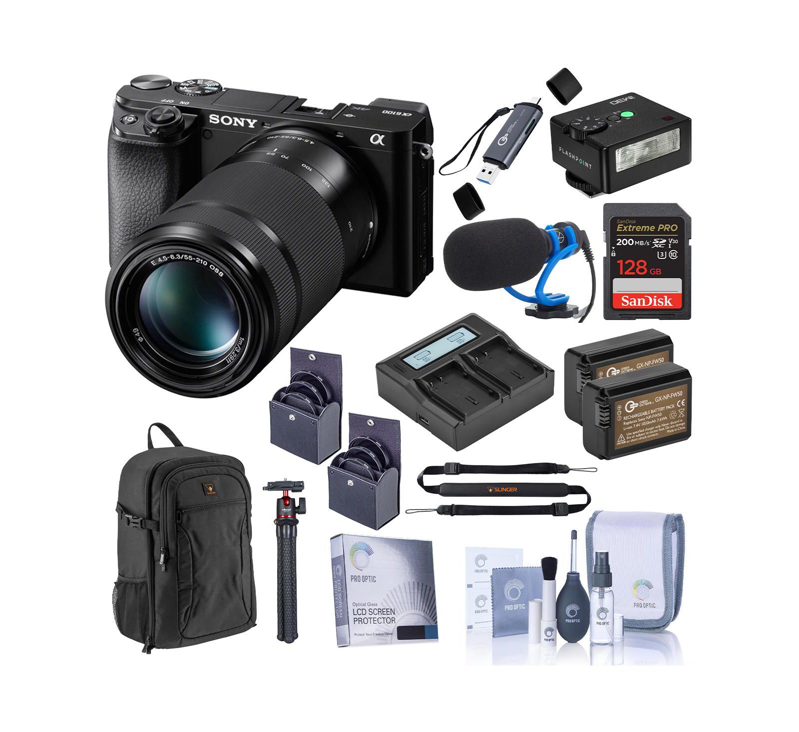 Sony Alpha a6100 Camera w/16-50mm  55-210mm Lens, w/128GB Card, Mini Flash