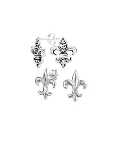 Bling Jewelry Symbolic Lily Flower Fleur De Lis Stud Earrings .925 Sterling Silver 2 Set