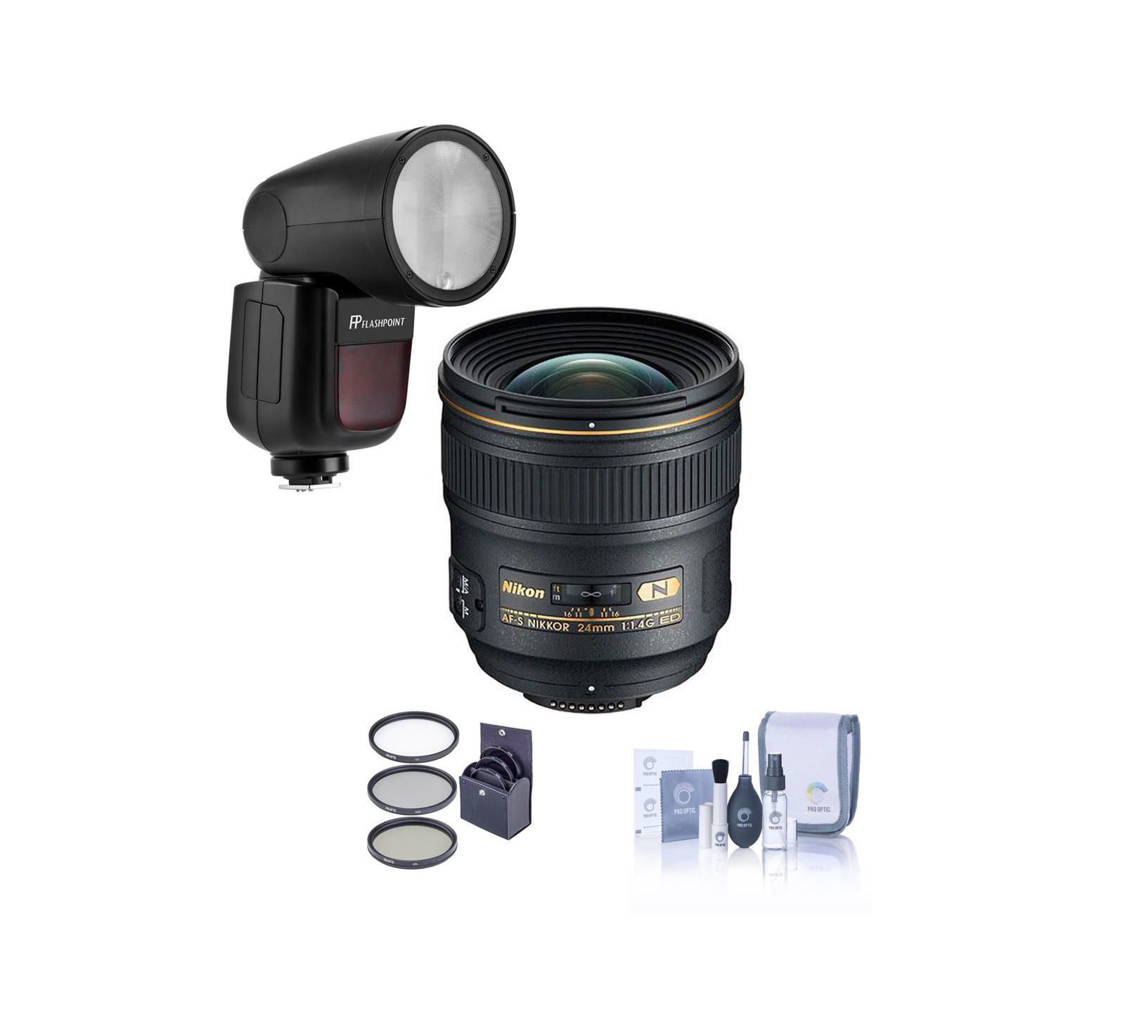 Nikon 24mm f/1.4G AF-S ED NIKKOR Lens - Bundle with Flashpoint Zoom Li-on X R2 TTL On-Camera Round    Flash Speedlight, 77mm Filter Kit
