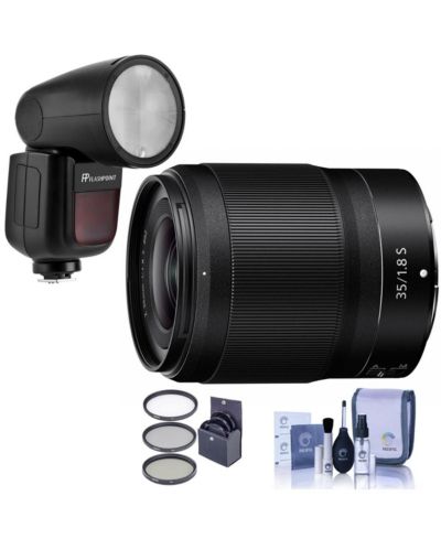 Nikon NIKKOR Z 35mm f/1.8 S объектив, комплект с вспышкой Flashpoint Zoom Li-on X R2 TTL On-Camera Round Flash Speedlight, набор фильтров 62 мм, набор для чистки