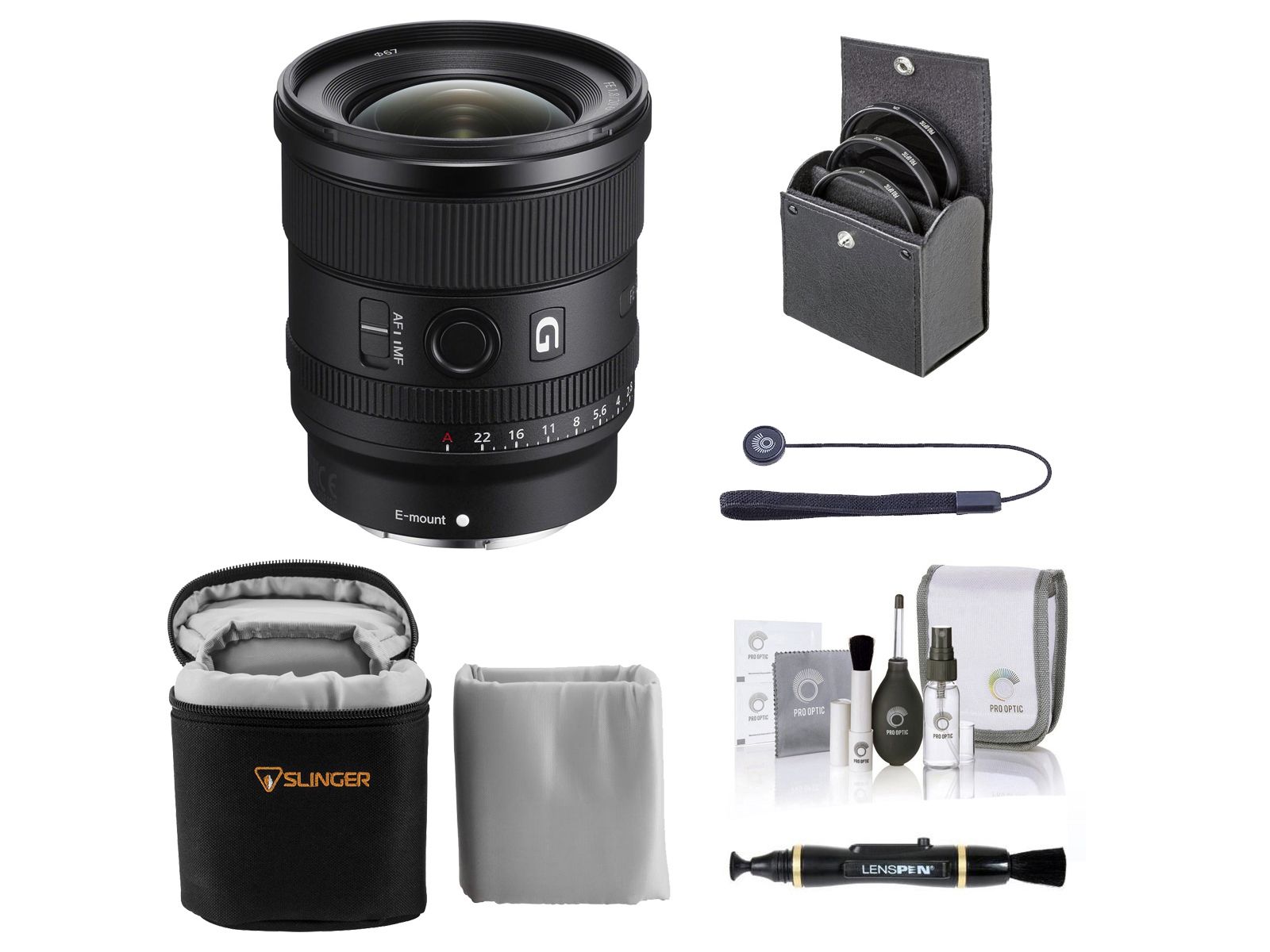 Объектив Sony FE 20mm f/1.8 G для Sony E, комплект с набором фильтров ProOptic 67mm, мягким чехлом для объектива, очистителем объектива, набором для чистки и универсальным шнурком для колпачка