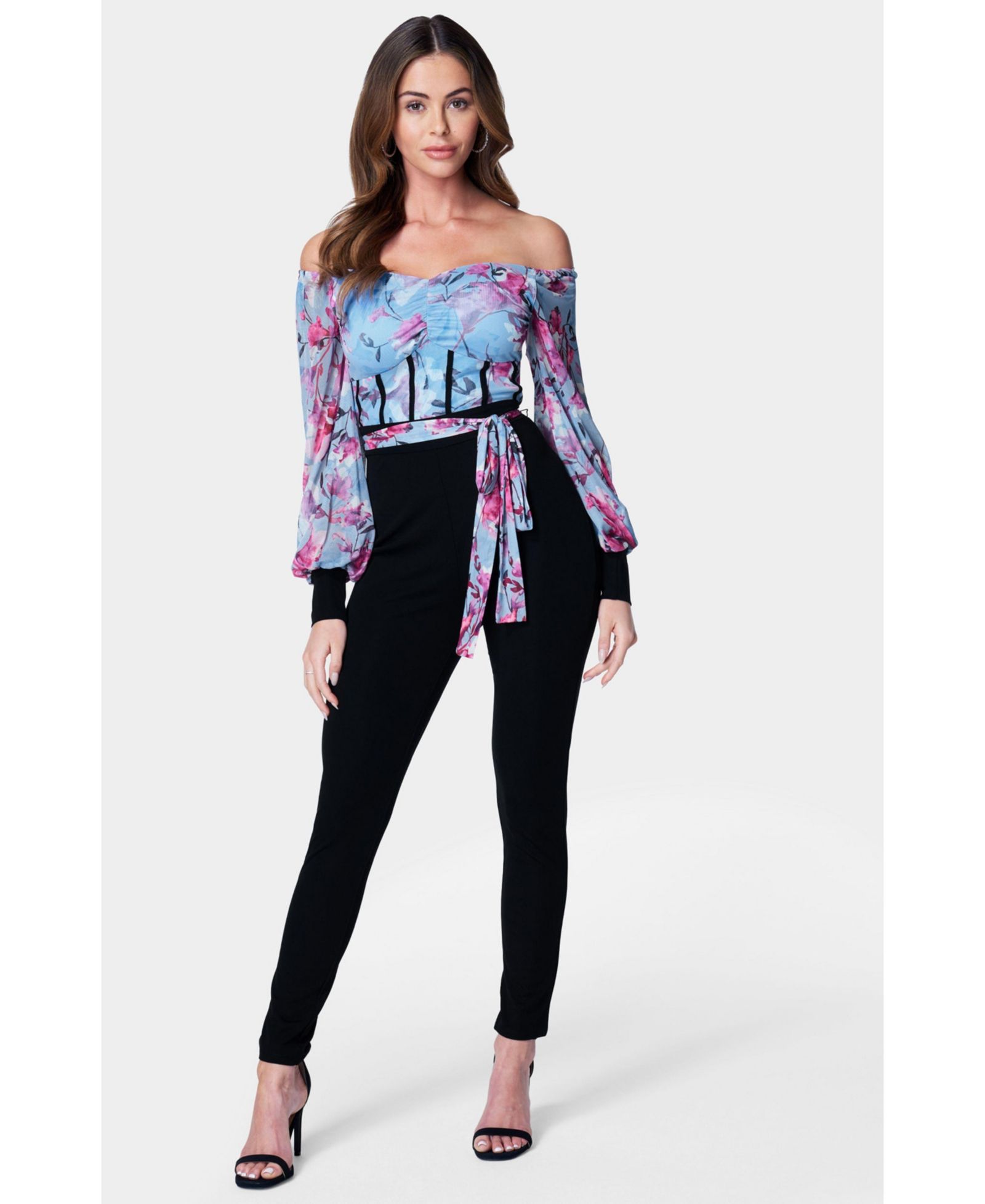 Bebe Women's Printed Mesh Off Shoulder Catsuit