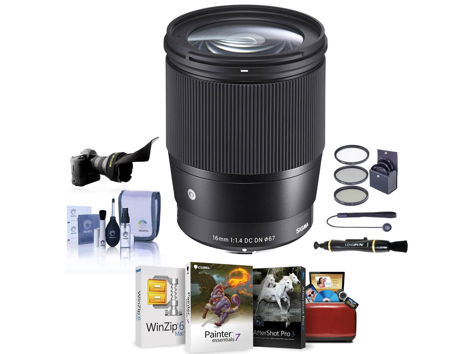 Объектив Sigma 16mm f/1.4 DC DN Contemporary для Canon EF-M с комплектом фильтров ProOptic 67mm, набором для чистки и блендой