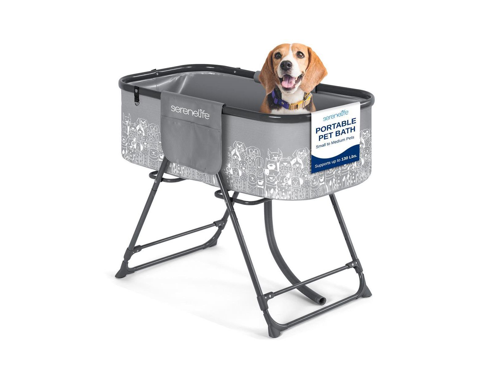 SereneLife Portable Dog Bath Tub with Drain System & Leash Restraint, Gray/Black