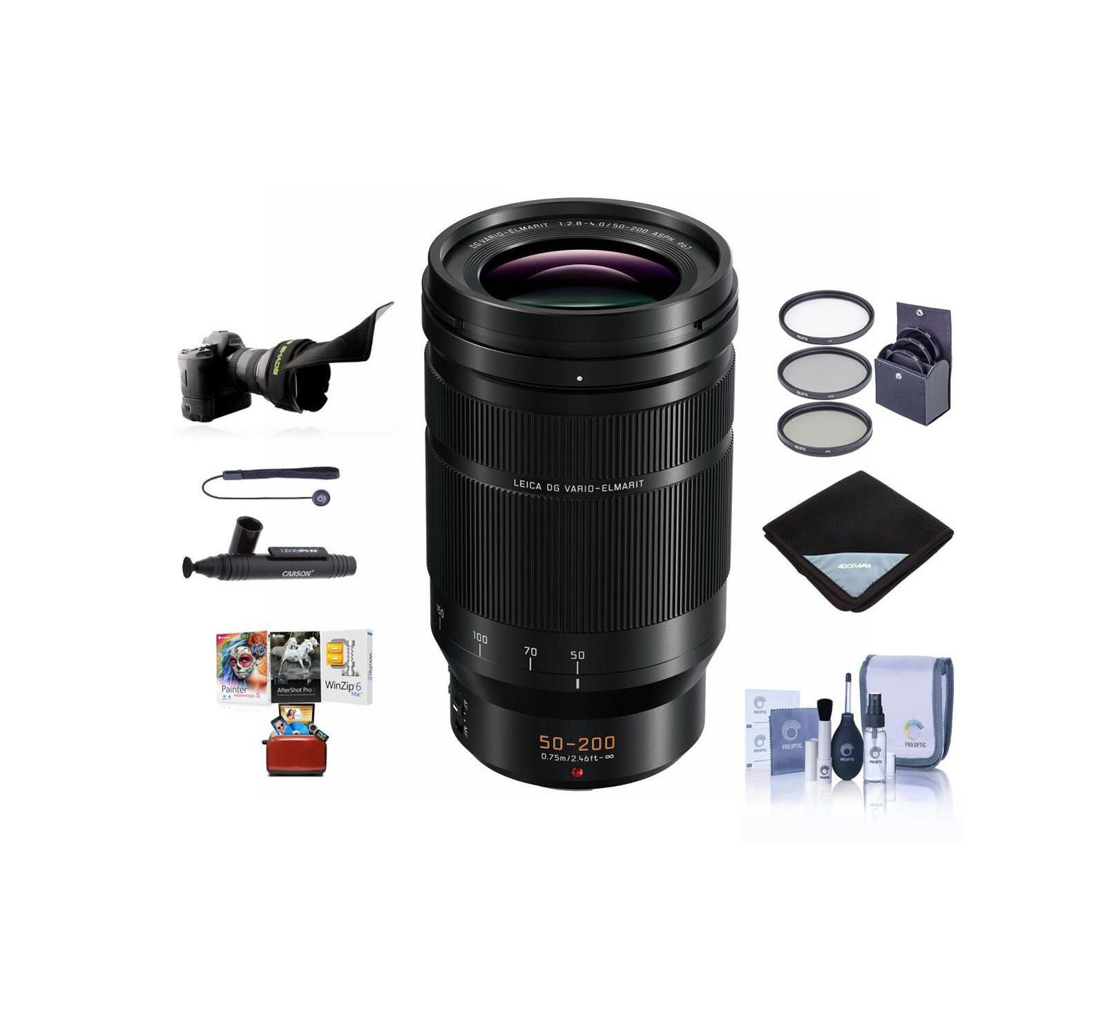 Panasonic Lumix G Leica DG Vario-Elmarit 50-200mm F/2.8-4 Aspheical Lens for Micro 4/3 - Bundle with 62mm Filter Kit, Lens Wrap, Cleaning