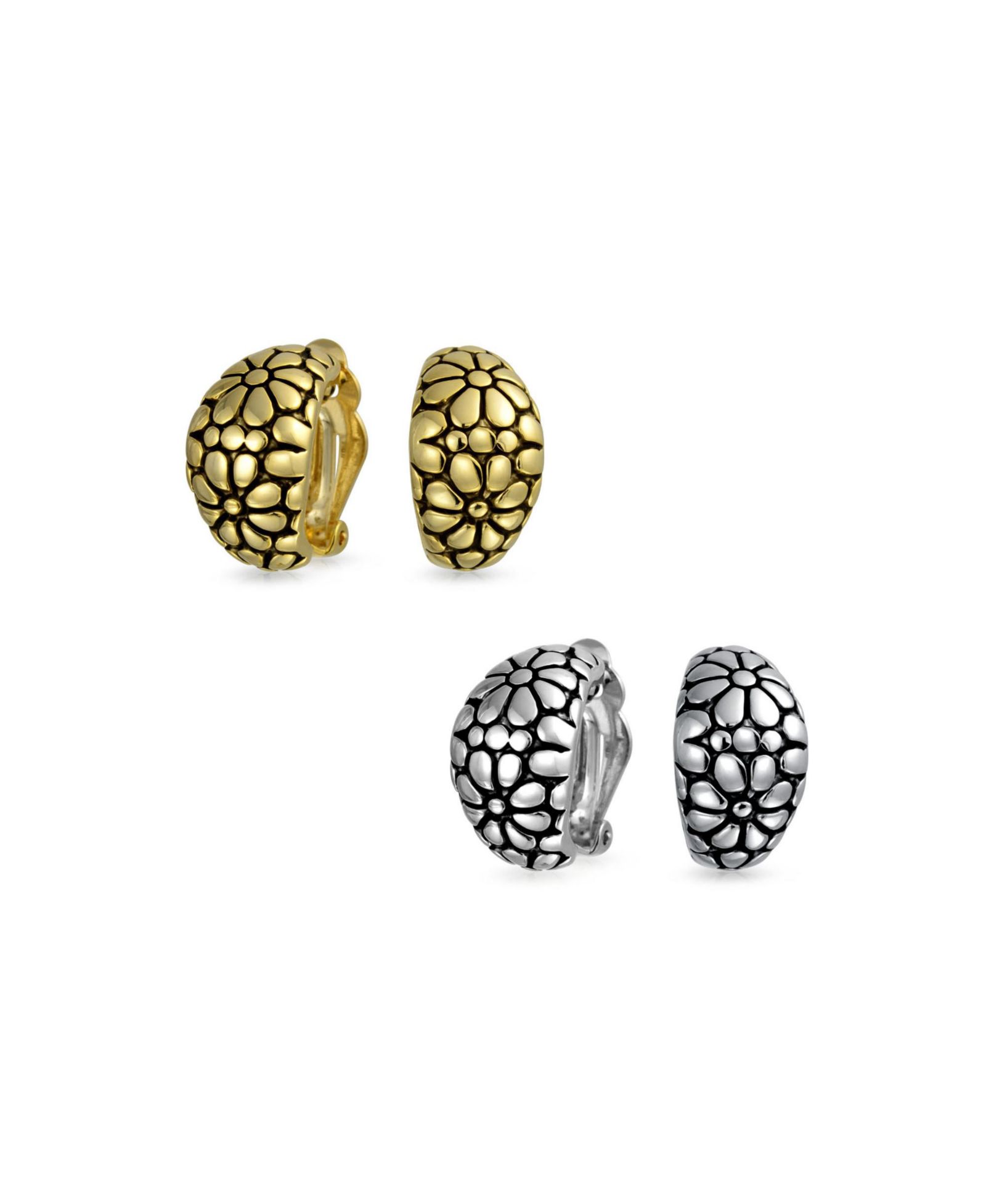 Bling Jewelry Серьги-клипсы Daisy Flower в стиле креветки, окисленное золото 14K (набор из 2 шт.)