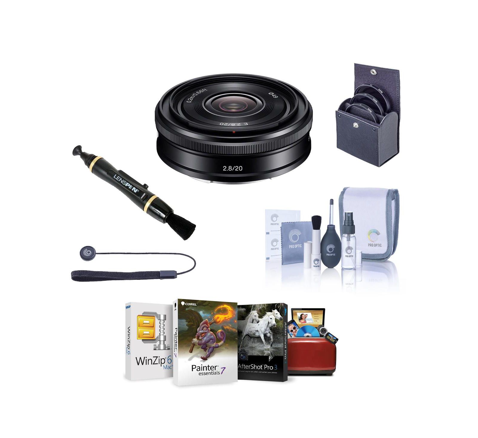 Sony объектив E 20mm f/2.8 для Sony E, черный, комплект с фильтром 49mm, набором для чистки и крышкой объектива
