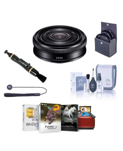 Sony объектив E 20mm f/2.8 для Sony E, черный, комплект с фильтром 49mm, набором для чистки и крышкой объектива