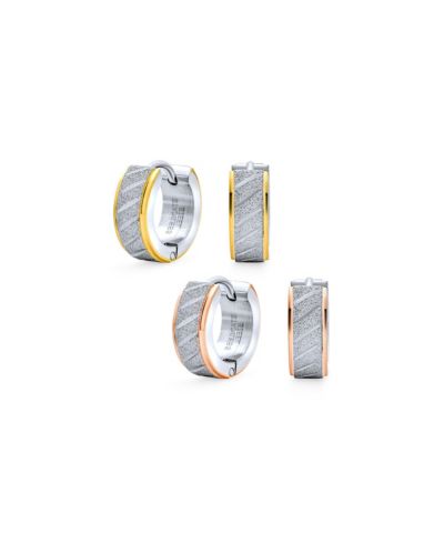 Bling Jewelry Carved Slashes Hoop Huggie Earrings Rose Gold Plated Stainless Steel 2-Set