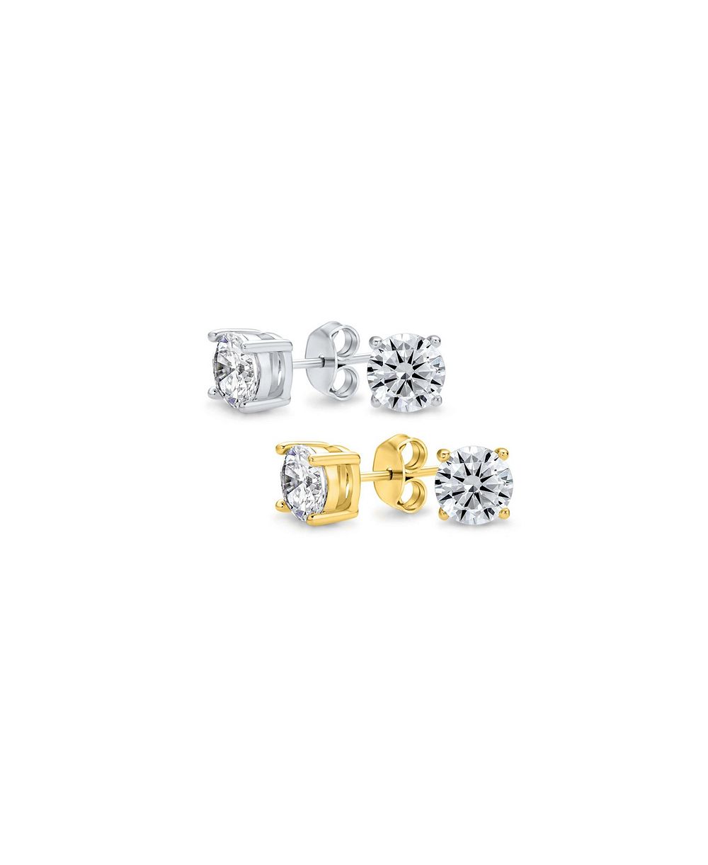 Набор сережек Bling Jewelry из 2 штук с круглым одиночным CZ кубическим цирконием Gold Plated.925 Sterling Silver 5-10MM