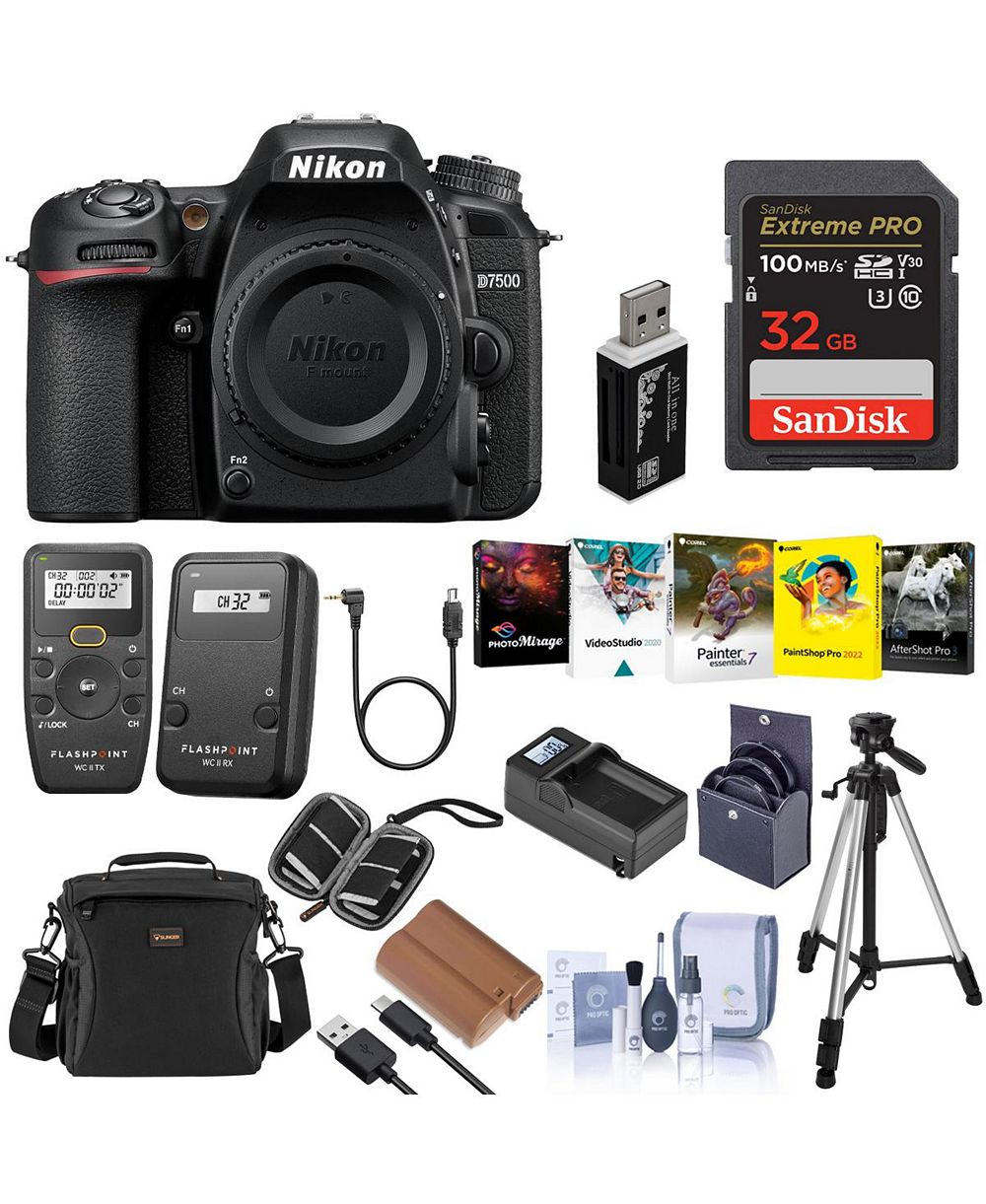 Nikon D7500 DX-format DSLR Camera, Black, Bundle with 32GB Memory Card, Battery, Transmitter, Receiver, PC Software Kit, Tripod