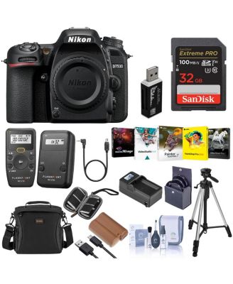 Nikon D7500 DSLR-камера формата DX, черная, комплект с картой памяти 32 ГБ, батареей, передатчиком, приемником, набором программного обеспечения для ПК, штативом
