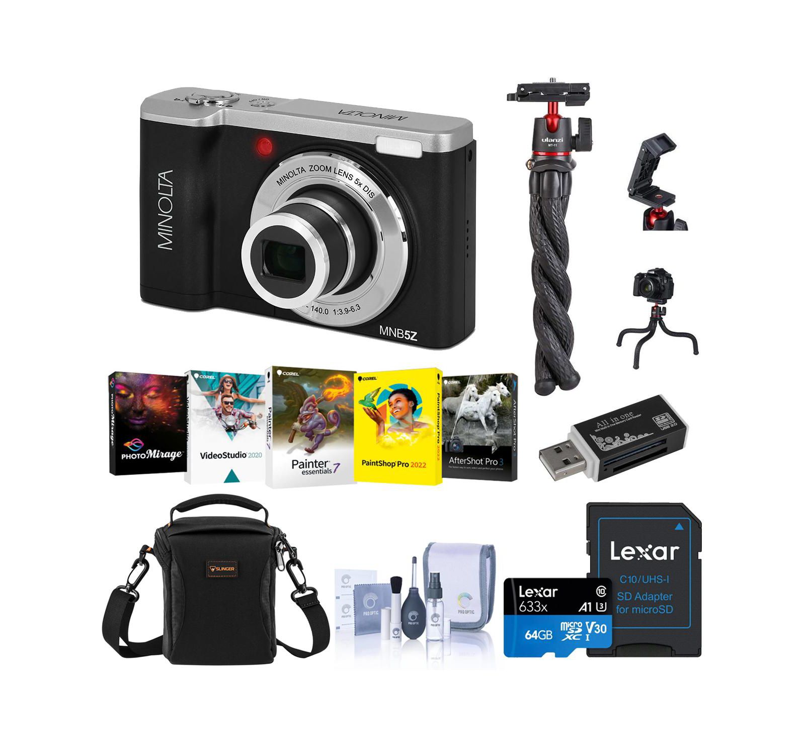 Minolta MNB5Z 56MP 5K Ultra HD 2.8" LCD Screen Digital Camera, Bundle with Shoulder Bag, 64GB Memory Card, Tripod, Cleaning Kit, PC