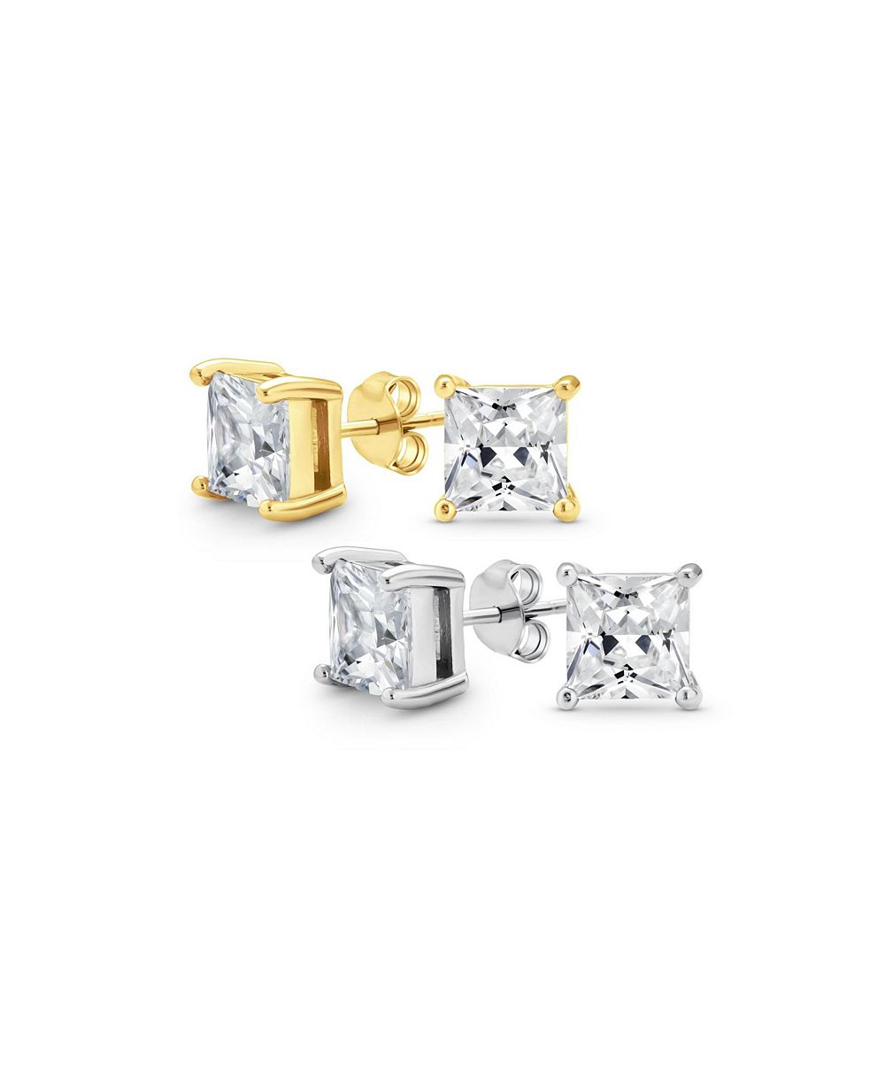 Bling Jewelry 2CTW Solitaire CZ Princess Cut Earrings Gold Sterling Silver 8MM (2 Set)